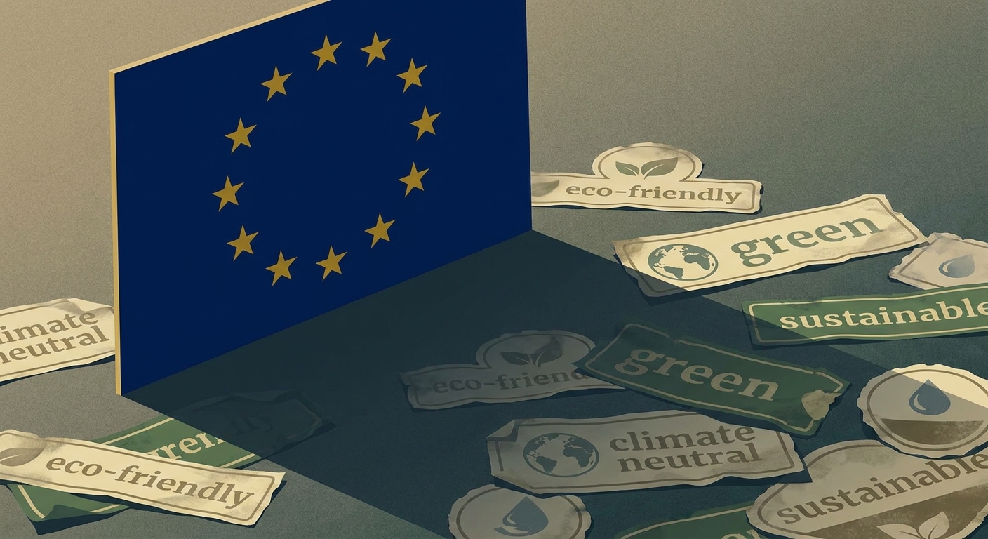 Editorial illustration: EU flag casting shadow over scattered crumpled eco-labels reading eco-friendly, green, climate neutral, sustainable.