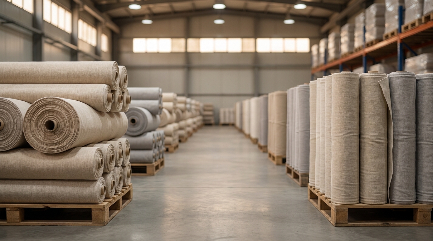 Rolls of neutral undyed textile fabric stacked in an industrial warehouse.