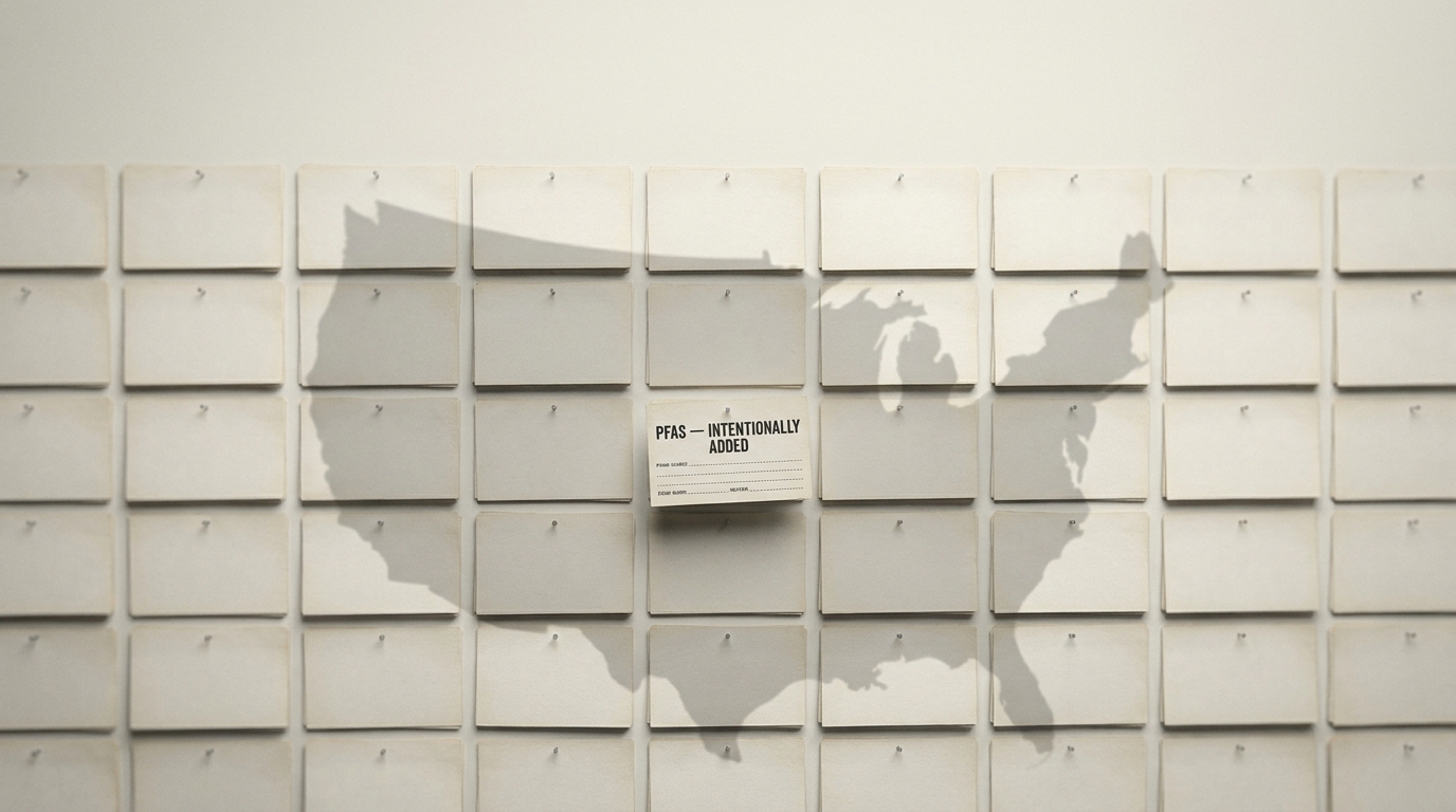 A grid wall of blank white product filing cards with a faint shadow of the United States cast across them; one card pulled forward stamped 'PFAS — intentionally added'.