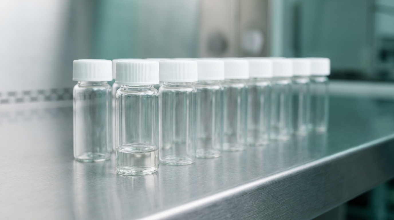 A row of clear glass laboratory sample vials on a stainless steel bench.